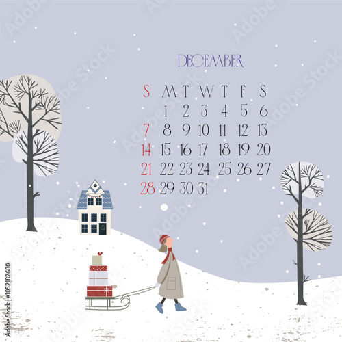 Calendar for December 2025. A girl carrying a sled with presents against the background of winter landscape. Vector illustration