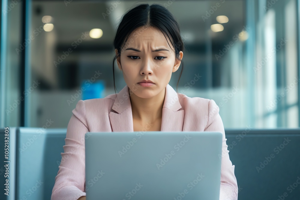 3 Woman staring blankly at her laptop, visibly affected by burnout, close up, lack of motivation theme, realistic, Composite, office cubicle backdrop 3 Woman staring blankly at her laptop, visibly affected by burnout, close up, lack of motivation theme, realistic, Composite, office cubicle backdrop