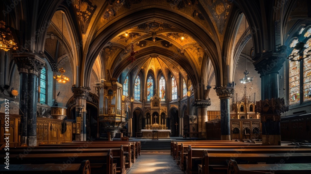Fototapeta premium Victorian Gothic Revival Church, featuring intricate woodwork, pointed arches, and an atmospheric, dimly lit interior that inspires reflection and contemplation