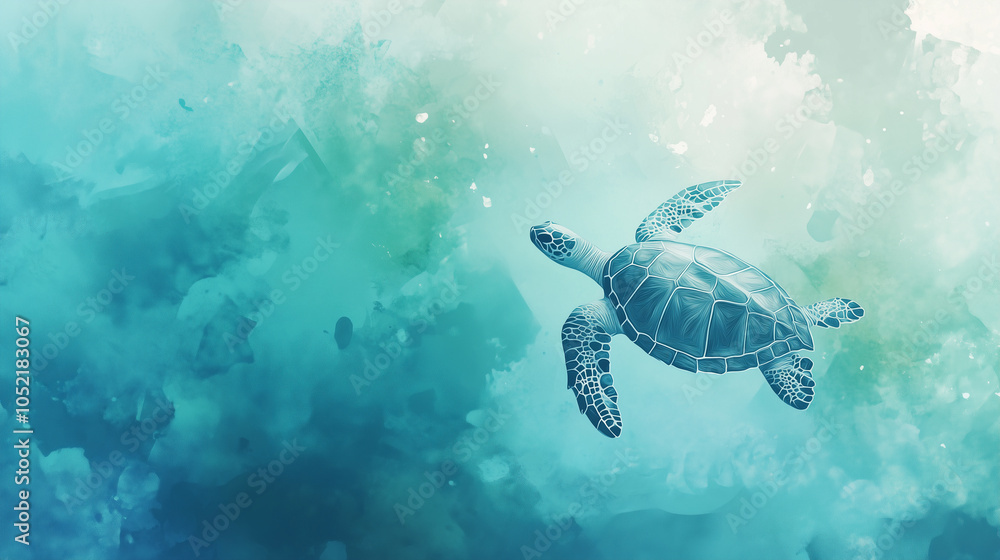Aerial view of a sea turtle swimming in turquoise ocean water, white line art illustration with soft shadows and a blurred background Aerial view of a sea turtle swimming in turquoise ocean water, white line art illustration with soft shadows and a blurred background