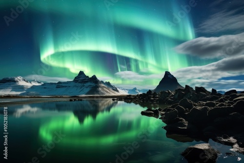 Fototapeta Naklejka Na Ścianę i Meble -  Northern light over the lagoon in Iceland landscape outdoors nature.