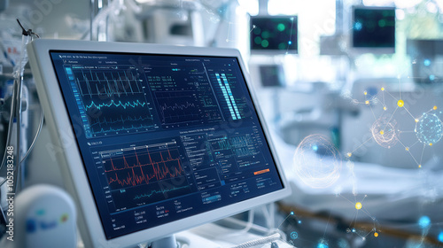 Digital health record system interface displaying patient data and vital signs in medical environment. screen shows graphs and metrics, emphasizing technology in healthcare