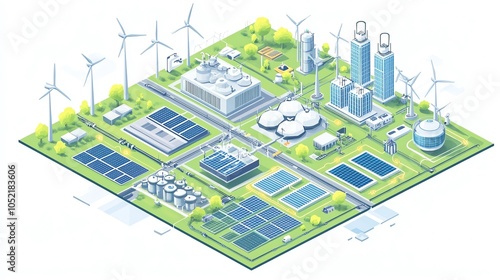 Illustrate a futuristic city powered by hydrogen, wind turbines, and solar panels, with an isometric view of the energy grid and infrastructure