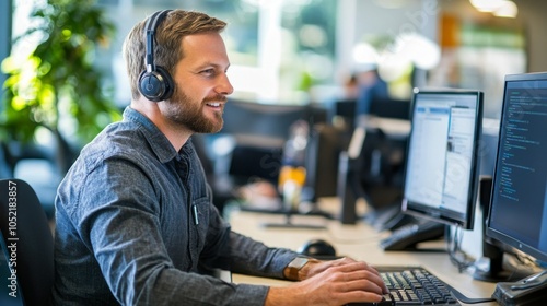 Tech support specialist assisting customer via video call. Professional IT assistance through remote support.