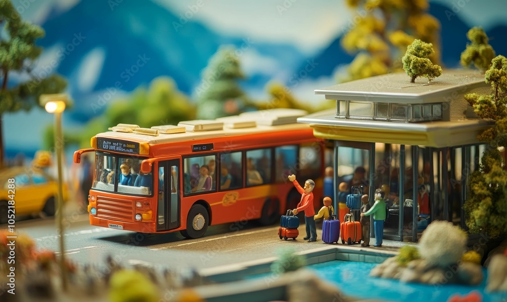 Obraz premium Toy bus stop with miniature people and luggage.