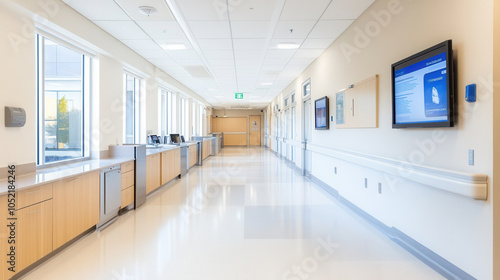 modern healthcare facility corridor featuring digital signage, bright lighting, and clean lines. space is designed for efficiency and comfort, enhancing patient experience