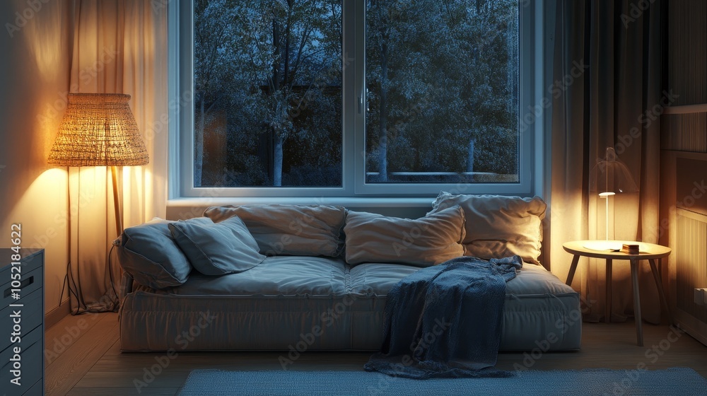 An intimate evening room with a cozy sofa, warm lamp light, and night window view creates a serene and relaxed atmosphere. An intimate evening room with a cozy sofa, warm lamp light, and night window view creates a serene and relaxed atmosphere.
