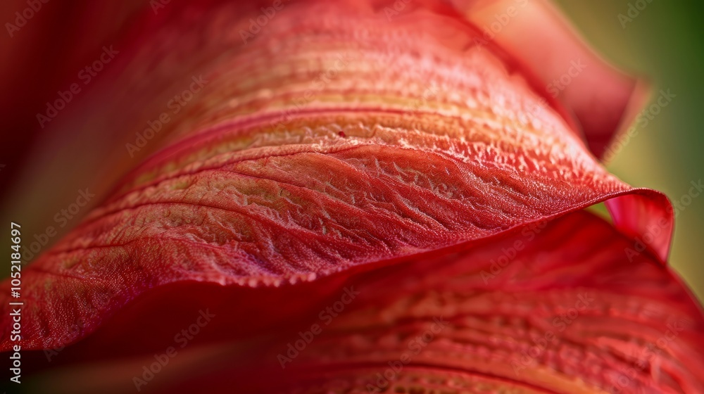 Naklejka premium Red flower petal closeup. Delicate red petal texture, nature's beauty, vibrant color, gentle curve. Symbolizes passion and fragility.