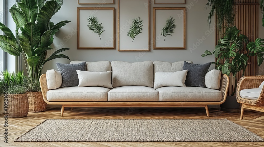 A bright living room with a stylish beige sofa, minimal decor, botanical prints, and lush houseplants for a modern vibe. A bright living room with a stylish beige sofa, minimal decor, botanical prints, and lush houseplants for a modern vibe.
