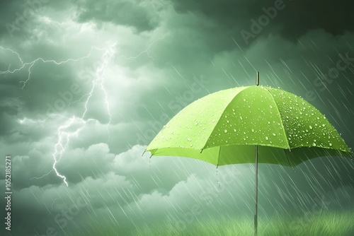 3d vector design of a green umbrella with raindrops against a pastel background and thunderstorm photo