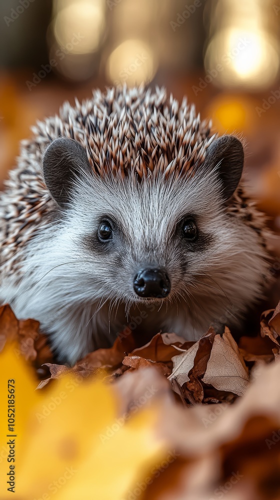 A close-up of a hedgehog nestled among autumn leaves, showcasing its charming features. A close-up of a hedgehog nestled among autumn leaves, showcasing its charming features.