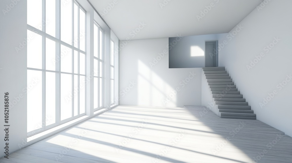 Fototapeta premium A spacious, empty loft with expansive windows and minimalist design, allowing sunlight to create dynamic shadow patterns indoors.