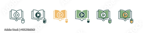 online course pointer click open book icon set education e-learning play e-book reading book document study vector illustration