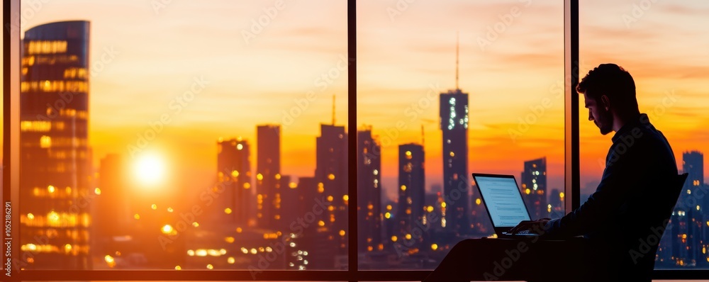 Silhouette of a man working on a laptop against a vibrant sunset cityscape, symbolizing productivity and inspiration. Silhouette of a man working on a laptop against a vibrant sunset cityscape, symbolizing productivity and inspiration.