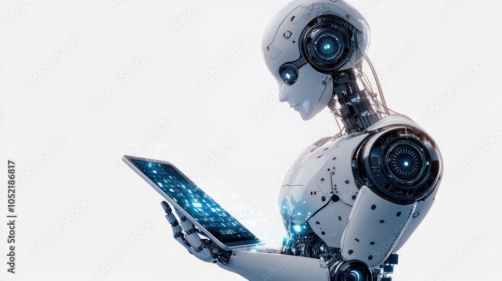 Ai robot using tablet isolate on transparency background PNG Ai robot using tablet isolate on transparency background PNG
