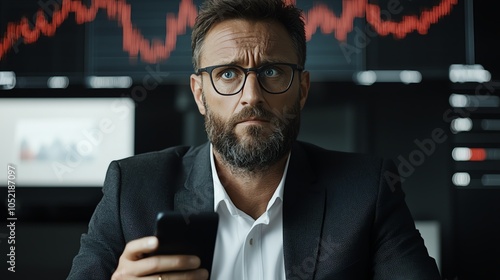 Closeup of a businessman holding his phone, staring in shock at the red, falling stock graphs photo