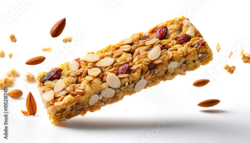 Healthy snack granola bar floating or flying isolated white background
