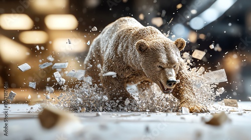 Dramatic image of a bear crushing a bull statue as stock charts crumble like brittle glass photo