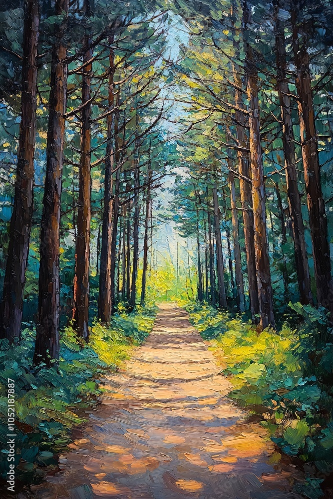 Obraz premium A serene journey through a sunlit forest pathway surrounded by majestic trees and lush greenery for nature lovers