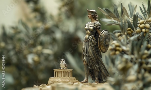 A Greek warrior statue, a small owl, and a temple. photo