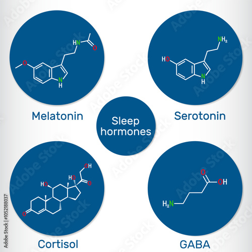 Sleep hormone molecule. Structure and function of melatonin, serotonin, GABA (gamma-aminobutyric acid), and cortisol. Vector