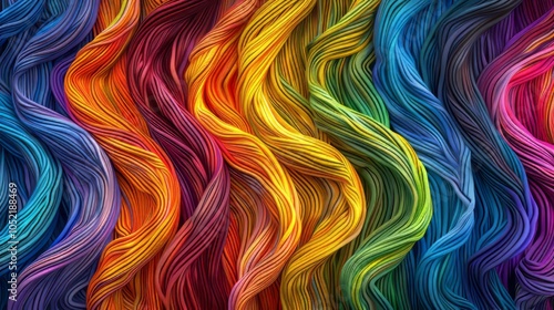 Colorful swirling threads. Vibrant rainbow hues in flowing strands create a dynamic, energetic visual. Symbolizes unity and diversity.