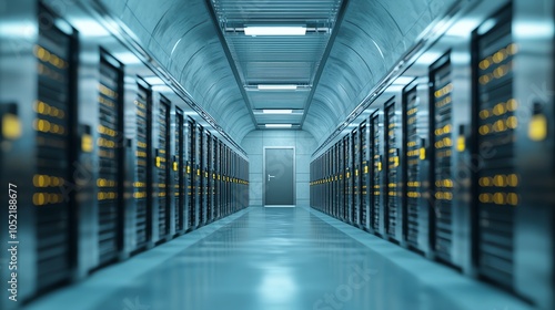 A modern data center corridor with rows of server racks, illuminated with ambient lighting, showcasing high-tech infrastructure.