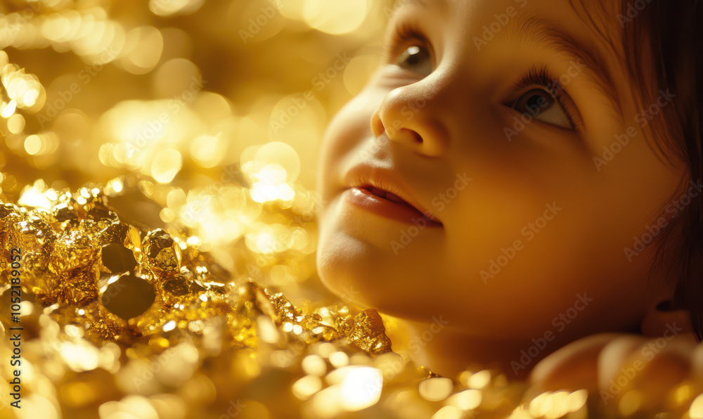 Fototapeta premium young girl with curious eyes looks up, surrounded by shimmering gold backdrop. Her expression suggests wonder and innocence