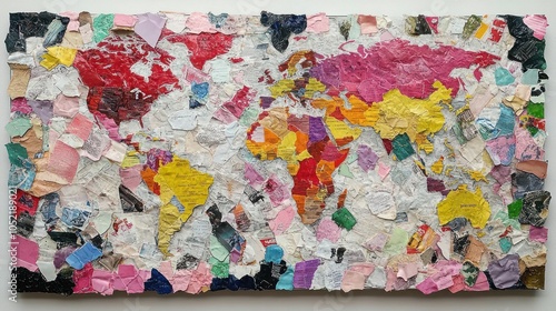 A colorful collage of a world map made from various textured paper pieces.