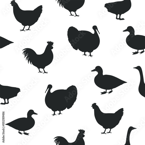 Poultry Background. Farm birds seamless pattern. Goose, Turkey, Rooster, Hen, Duck isolated on white background. Vector illustration