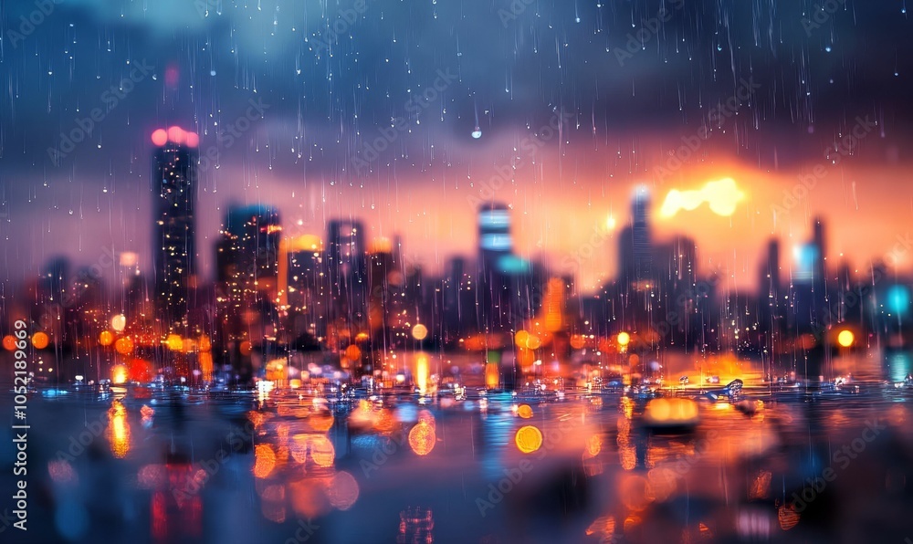 Fototapeta premium City lights reflected in rain puddles.