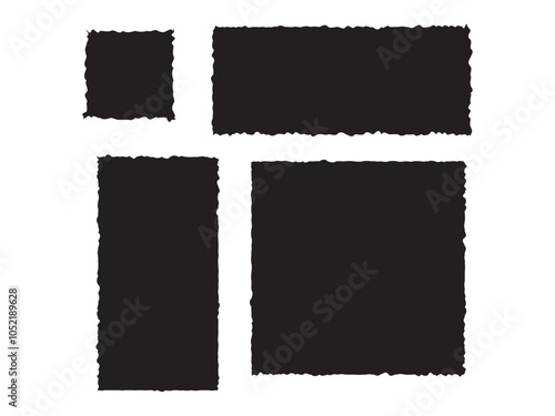 Black torn paper Strips and pieces, frame, sticker jagged rectangle shape. Notebook pages torn paper frame Vector illustration.