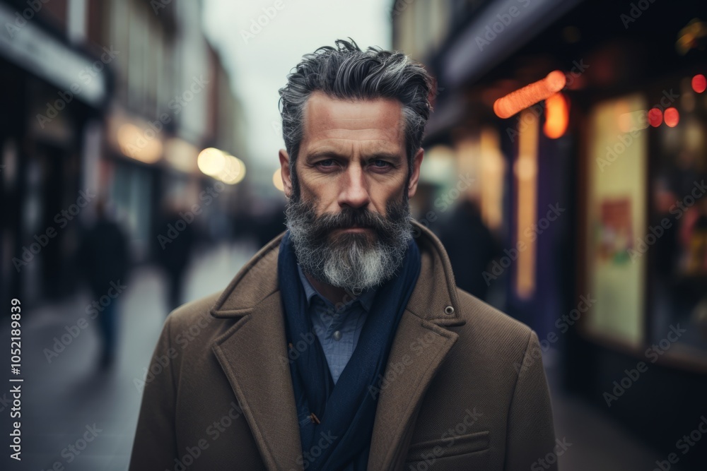 Portrait of a bearded man in a coat on the street. Portrait of a bearded man in a coat on the street.