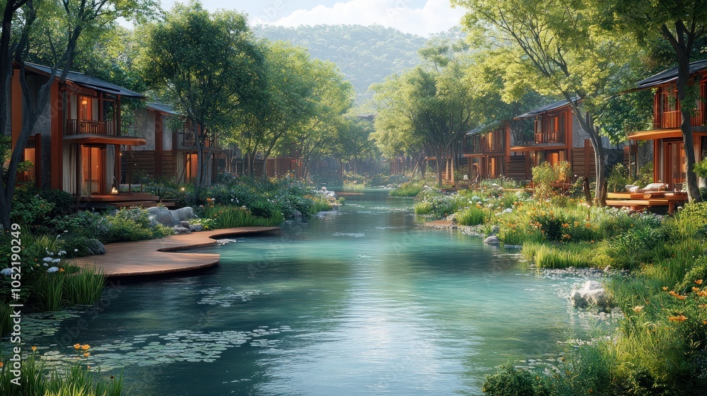 Serene riverside retreat surrounded by lush greenery and cabins. Serene riverside retreat surrounded by lush greenery and cabins.