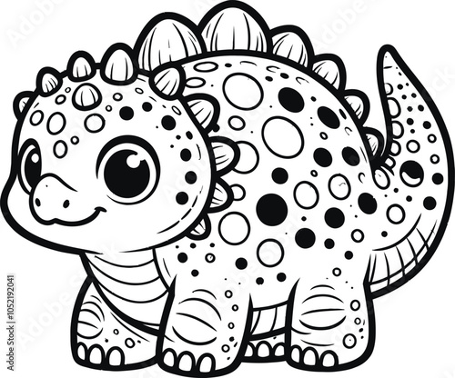 Baby T-Rex smiling, Triceratops with big, Stegosaurus, Pterodactyl flying Dinosaur coloring page for toddler