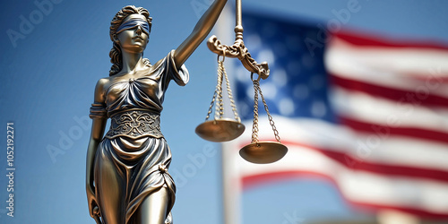 Closeup of Themis statue with American flag and court building in the background. Concept of law and justice photo