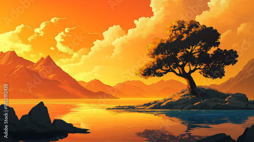 A beautiful scenary with a tree and hills.