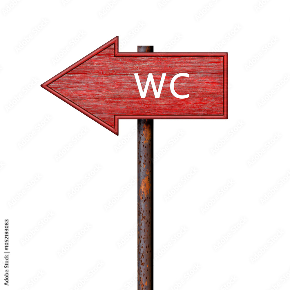 Red wooden arrow sign with the inscription wc on a rusty pole. Direction pointer to the left. Signboard isolated on white Red wooden arrow sign with the inscription wc on a rusty pole. Direction pointer to the left. Signboard isolated on white