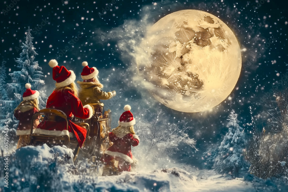 Children dressed as Santa Claus ride on sleigh through wintry landscape. Large moon can be seen in background. Children dressed as Santa Claus ride on sleigh through wintry landscape. Large moon can be seen in background.