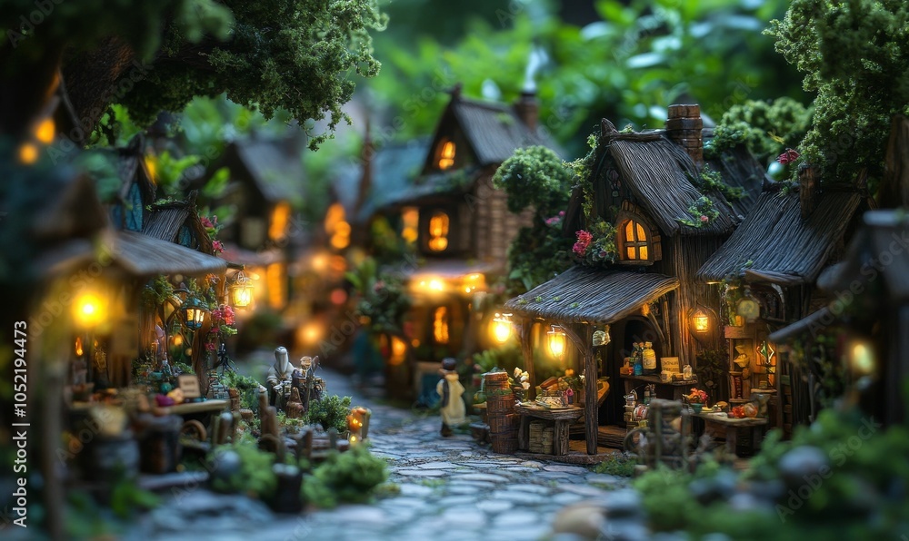 Fototapeta premium A miniature village with glowing lights and a cobblestone path.