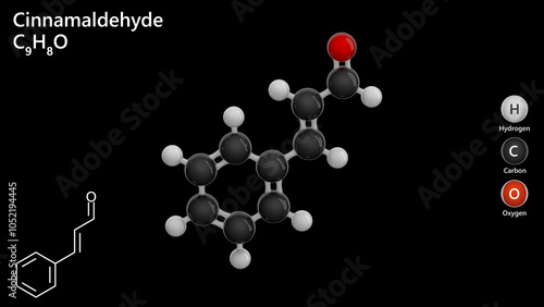 Molecule: Cinnamaldehyde. Cinnamon. Molecular structure. Formula: C9H8O. Chemical model: Ball and stick. Black background. 3D illustration. photo