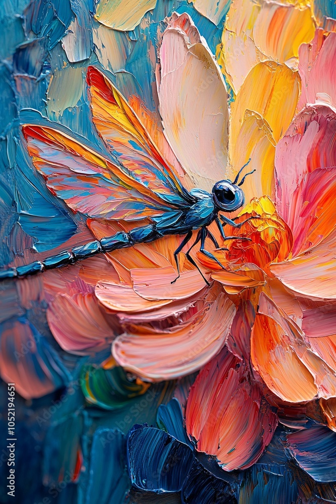 Naklejka premium Vibrant dragonfly on a colorful lotus flower a beautiful symbiosis in nature's palette
