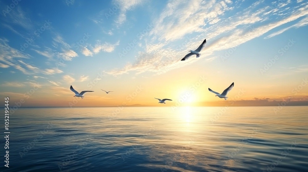 Naklejka premium Beautiful sunset over a calm ocean with seagulls flying in the sky. Serene seascape with birds in flight.