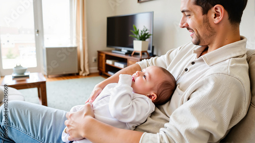 Father cradling baby on couch with joyful smile