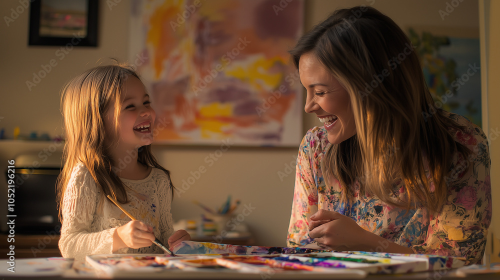 Fototapeta premium Mother and Daughter Painting Together: A Moment of Joy and Creativity