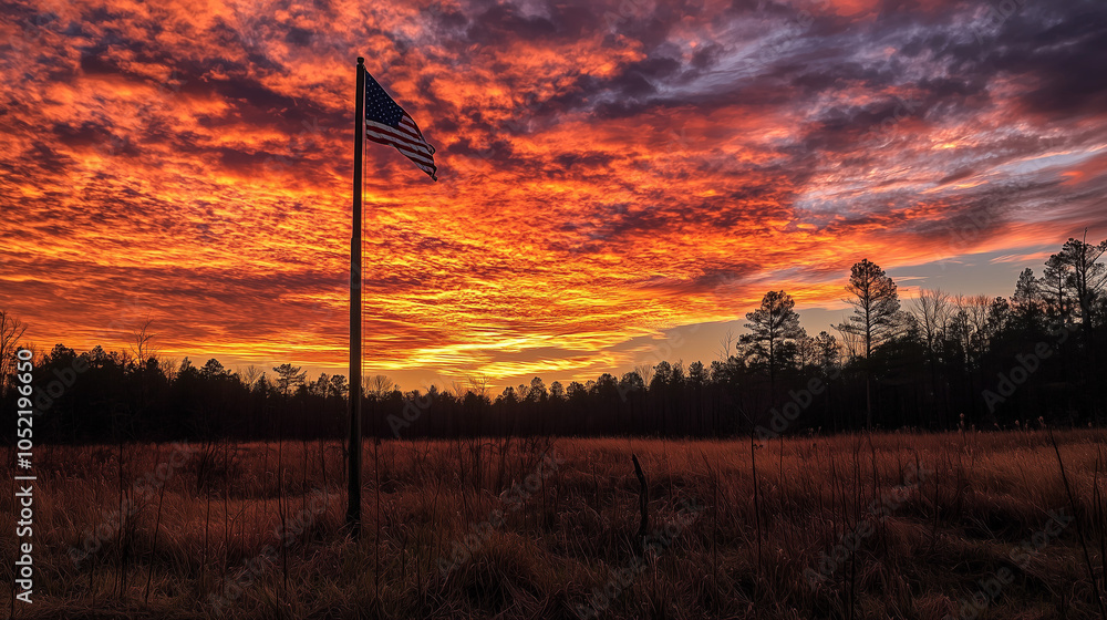 Obraz premium American Flag Sunset Landscape Photography