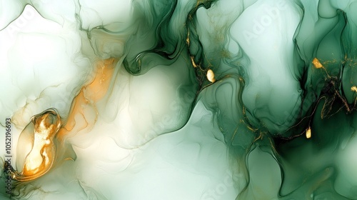 Abstract fluid art with green, white, and gold hues creating a serene and dynamic composition.