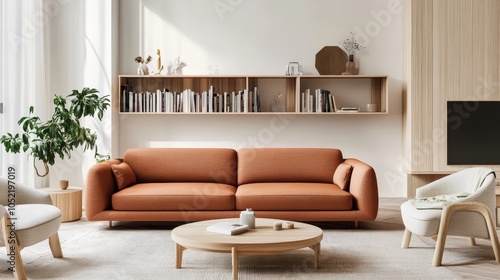 Wallpaper Mural A contemporary living area with a striking burnt orange sofa, bookshelves, and modern minimalist decor creating a stylish space. Torontodigital.ca