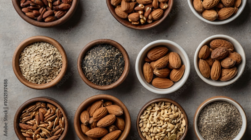 A variety of nuts and seeds arranged in wooden bowls on a textured surface for healthy snacking and cooking inspiration A variety of nuts and seeds arranged in wooden bowls on a textured surface for healthy snacking and cooking inspiration