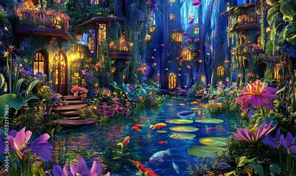Fototapeta premium Enchanted forest pond with glowing houses and fish.